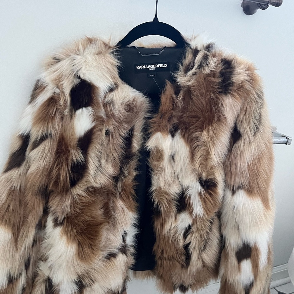 Karl Lagerfeld Brown and Cream Teddy Jacket Plush Textured Design